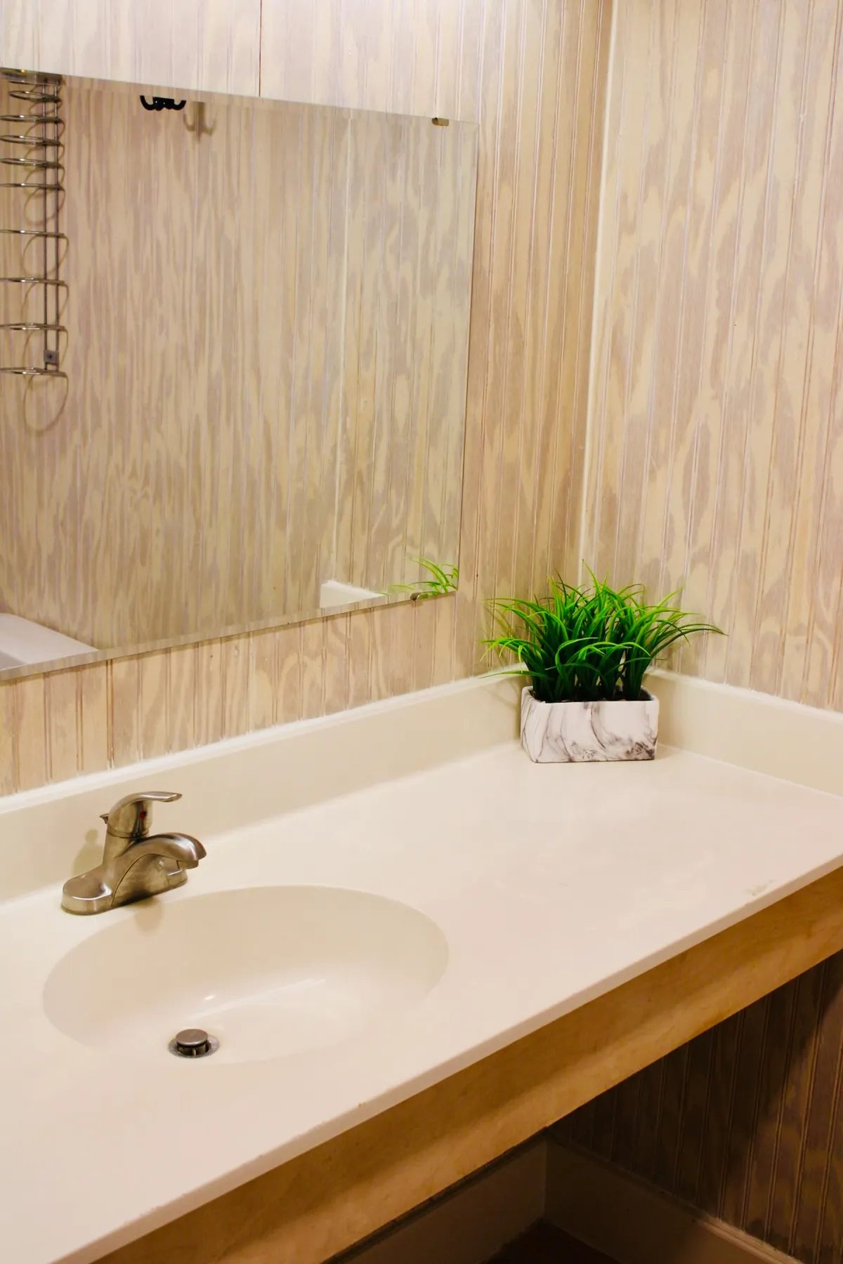 This image features a well-organized bathroom area with a modern sink, a large mirror, and a small plant adding a touch of freshness. The surfaces are uncluttered and easy to clean, and the overall mood is tranquil and inviting, ideal for self-care routines or preparing for a day out.